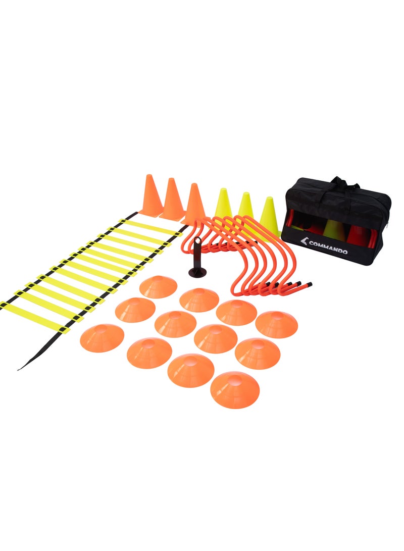 كوماندو مجموعة معدات تدريب كرة القدم للسرعة والرشاقة - (1 سلم رشاقة، 6 أقماع، 12 قرصًا، 6 حواجز، 1 حقيبة تخزين) - Image 1